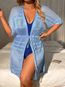 SHEIN LUNE Cárdigan De Cintura Con Cordón De Punto Ahuecado De Color Sólido De Talla Grande - Celeste - Ver 7