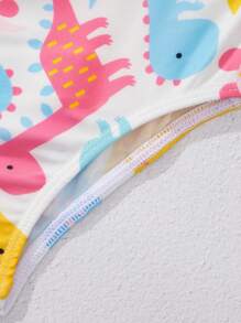 SHEIN Leap Crew Young Girl Knitted Dinosaur Pattern Round Neck Long Sleeve One-Piece Swimsuit - Pink - View 4