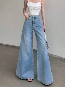 女士休闲水洗宽松阔腿牛仔裤 - 淺色水洗藍 - 查看 5
