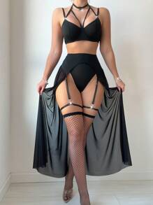 SHEIN 女士镂空胸罩和内裤套装，带有圆形装饰和性感细节内衣 - 黑色 - 查看 3