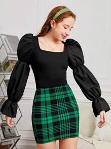 SHEIN 青少女燈籠袖荷葉邊方領上衣和格紋迷你裙套裝 - 綠色 - 查看 5