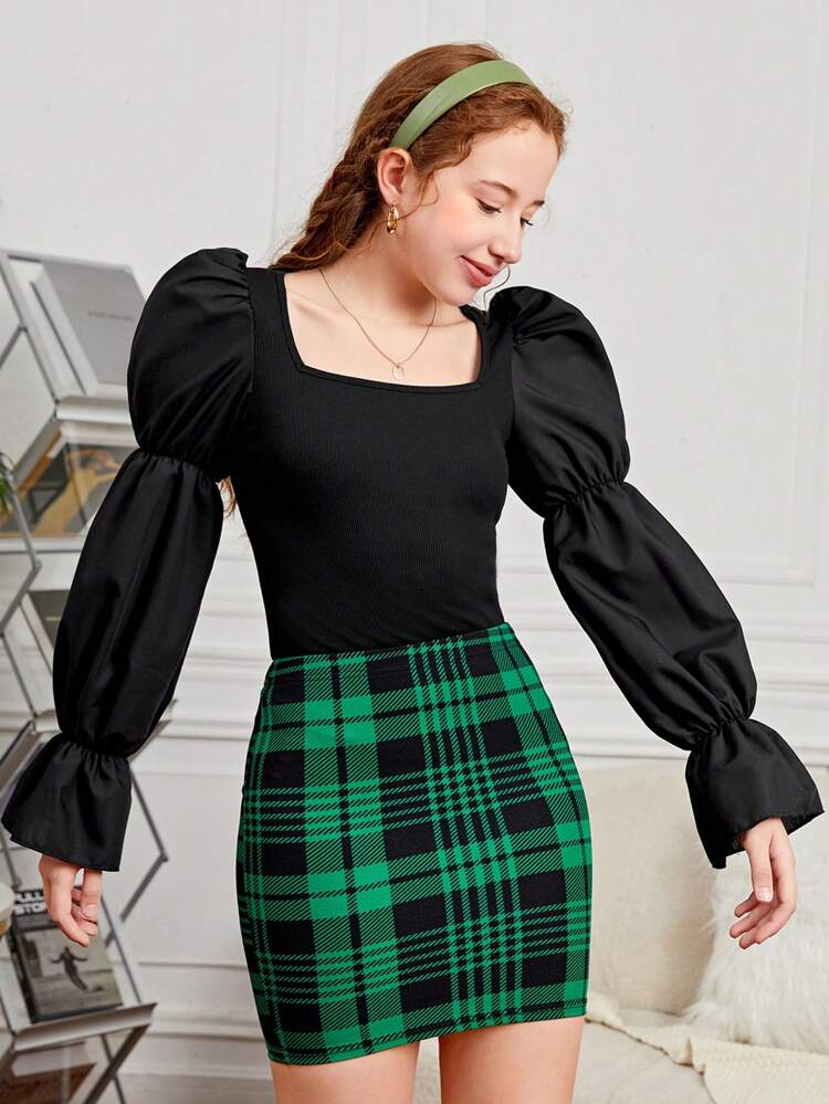 Teen Girls' Lantern Sleeve Ruffle Cuff Square Neck Top And Plaid Mini Skirt Two-Piece Set