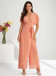 SHEIN Clasi Women's Solid Color Wrap Tie Jumpsuit - Coral Orange - View 3