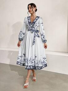 Seusyu Women Dresses Berikat Membungkus Bunga Casual - MultiWarna - View 3