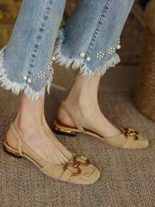 2025 Autumn Women's Flat Shoes,Women's Backless Strap Sandals Spring And Summer New Fashion Metal Buckle Low Chunky Heel Square Toe Shoes - Khaki - View 3