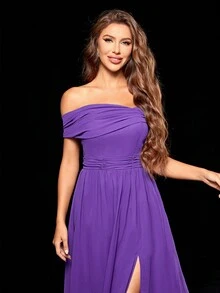 Vestido de gasa con hombros descubiertos, bajo asimétrico, fruncido, con lazo, espalda abierta y aberturas laterales, vestido de noche - Morado - Ver 3