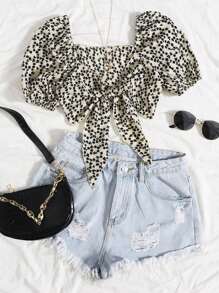 Chiquease Ditsy Floral Tie Front Puff Sleeve Crop Top - Multicolor - View 1