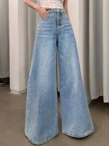 女士休闲水洗宽松阔腿牛仔裤 - 淺色水洗藍 - 查看 3