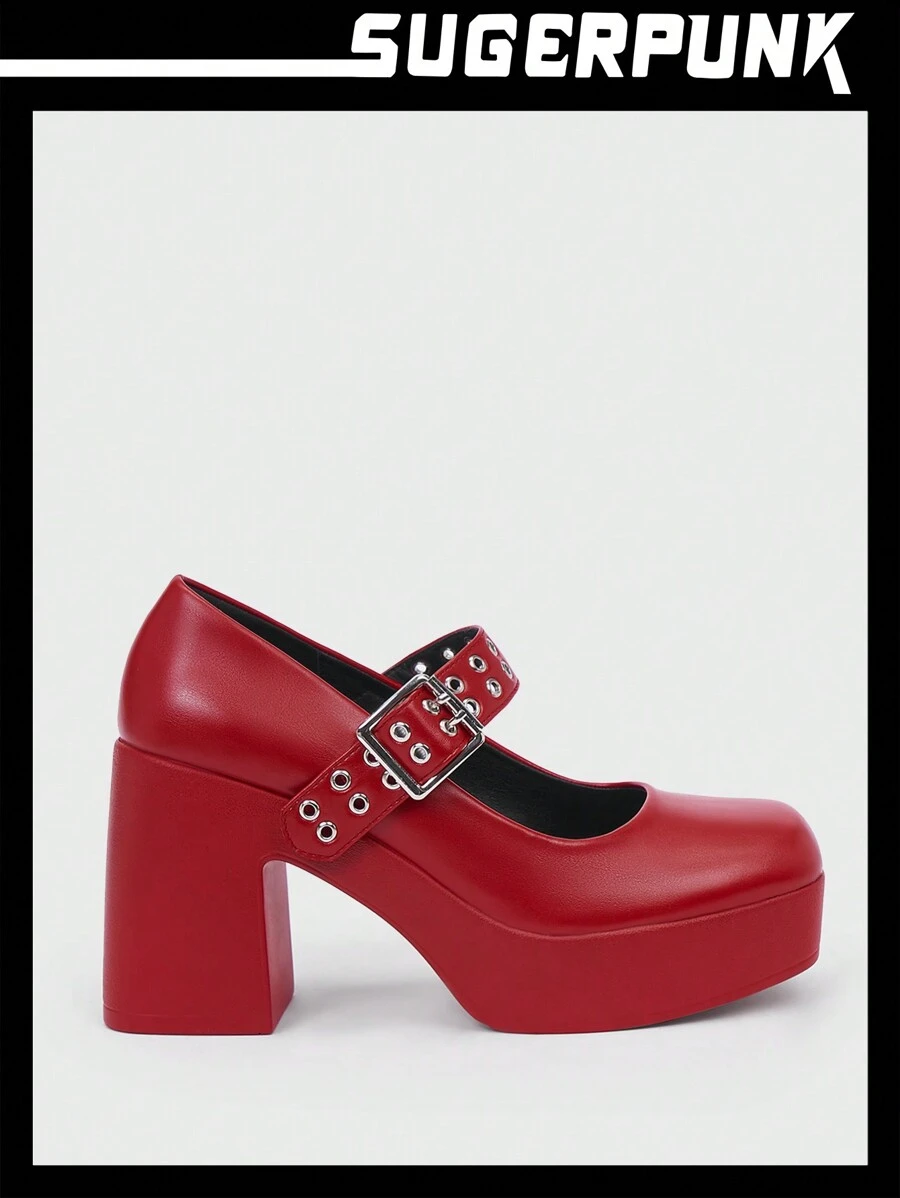 Sugerpunk Red Lolita Style Waterproof Platform Chunky Heel Sandals With Ankle Strap - Red - View 1