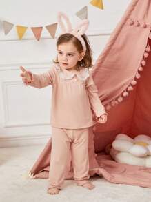 Baby Girl Cute Sweet Ruffle Collar Floral Splice Long Sleeve Pajamas Set - Pink - View 4