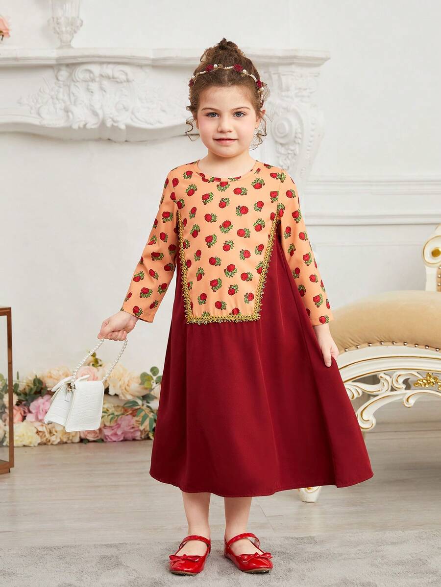 SHEIN Młoda dziewczyna Styl boho Wzór w kwiaty Patchwork Sznurówka Długi Rękaw Sukienka księżniczki , Odpowiedni Dla Codzienna odzież , Festiwal I Impreza , Lato