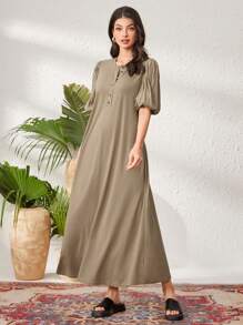 Seusyu Women's Button Front Puff Short Sleeve Dress - Army Green - View 3