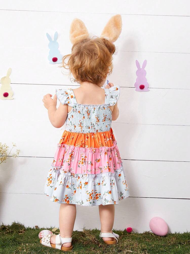 Baby Girls' Casual Patchwork Shirred Floral Dress