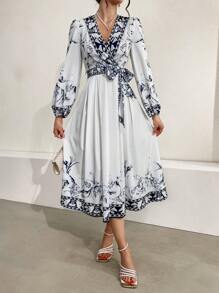 Seusyu Women Dresses Berikat Membungkus Bunga Casual - MultiWarna - View 6