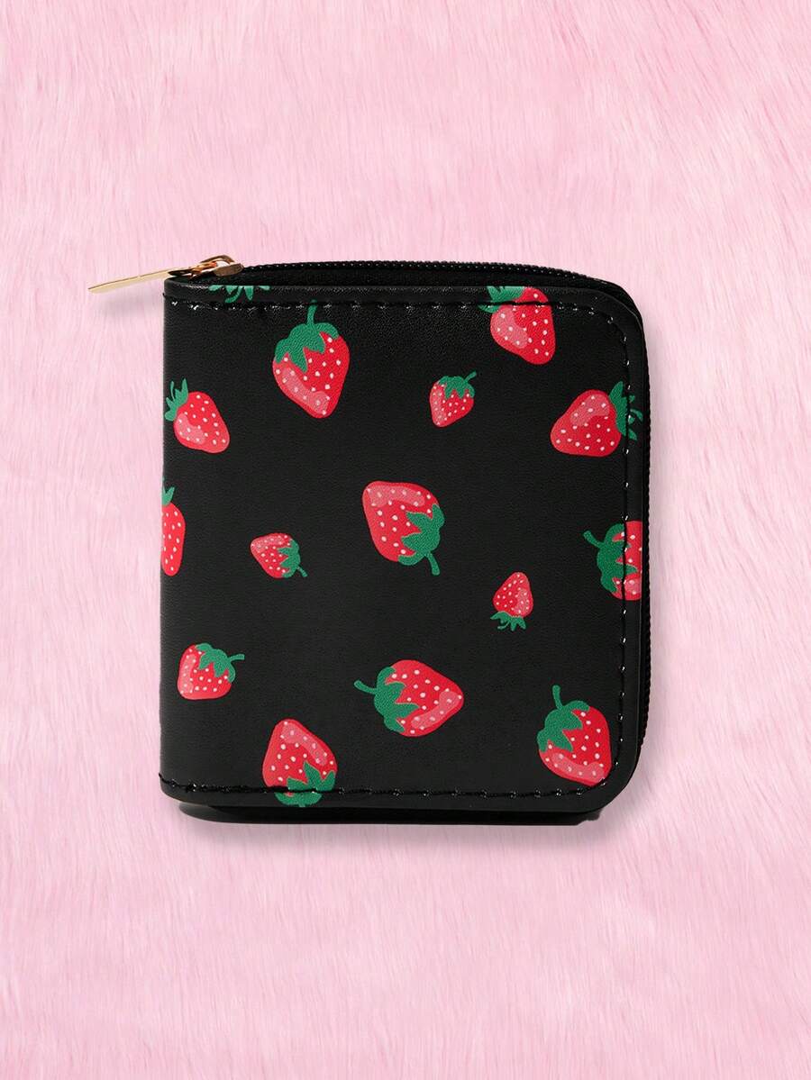 ROMWE Kawaii 1入pu材質的可愛動物和水果印花拉鍊短錢包,附多個卡槽,以及動漫印花 - 彩色 - 查看 1