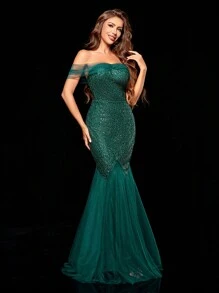 露肩透視網料修身連衣裙,設有亮片細節和側裙高叉裙 - 墨綠色 - 查看 1