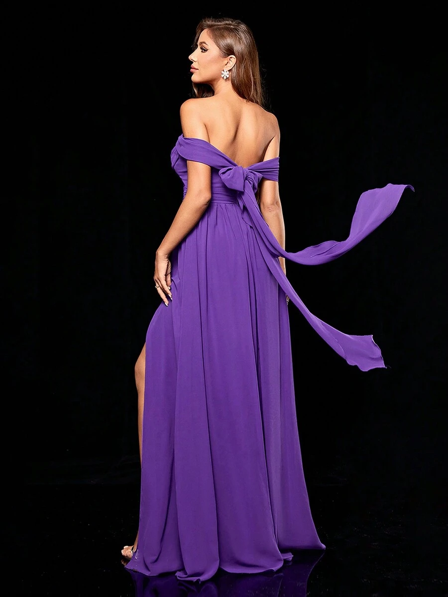 Vestido de gasa con hombros descubiertos, bajo asimétrico, fruncido, con lazo, espalda abierta y aberturas laterales, vestido de noche - Morado - Ver 1