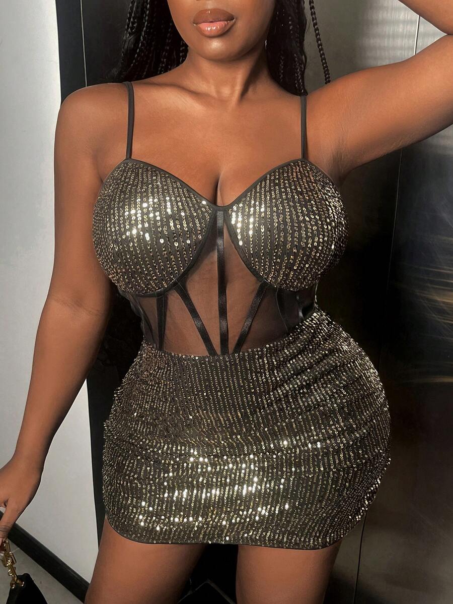 Slaydiva Kích thước lớn Lưới Long lanh Váy Dây - Vàng - Xem 1