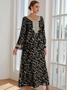 Chiffon Gold Printing Spliced Water Soluble Lace Long Robe Dress - Black - View 3