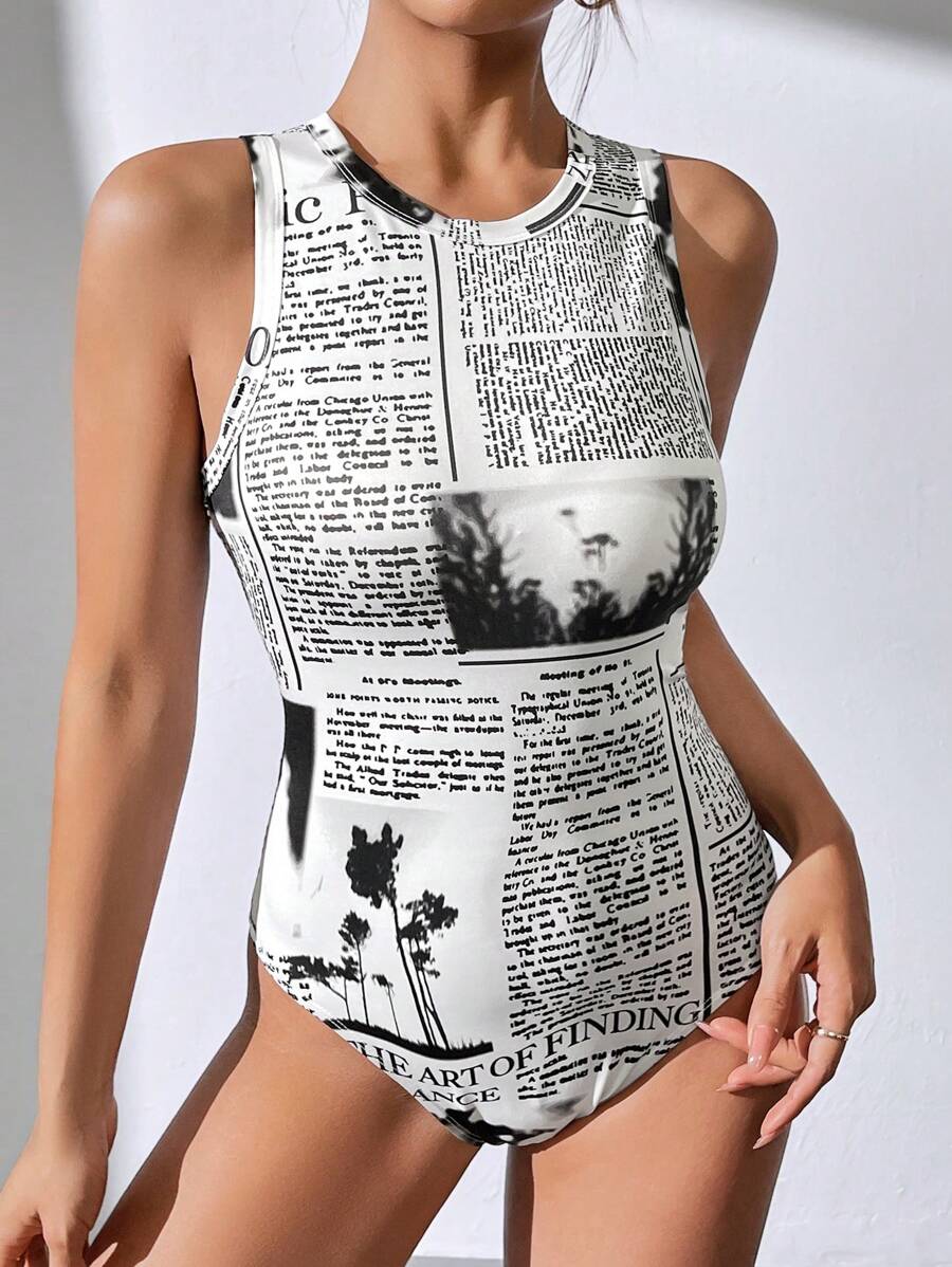 SHEIN Essnce Women's Knitted Newspaper Pattern Sleeveless Bodysuit - Black and White - View 1