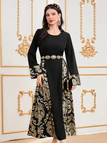 Modelyn Gold Foil Print Patchwork Dress - Black - View 4