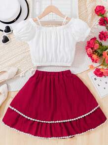 Tween Girls' Bow Knot Top And Lace Hem Skirt 2 Piece Set - Burgundy - View 2