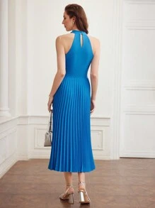 MOTF PREMIUM Dệt Của phụ nữ Crisscross Halter Neck Xếp li Bảng Đầm - Màu xanh lam - Xem 3
