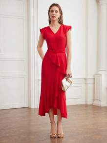 MOTF PREMIUM Vestido Entallado De Mujer Tejido Con Cuello En V, Detalle De Volantes Y Correa De Hebilla - Rojo - Ver 5