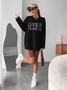 SHEIN EZwear 字母刺繡落肩T恤 - 黑色 - 查看 1