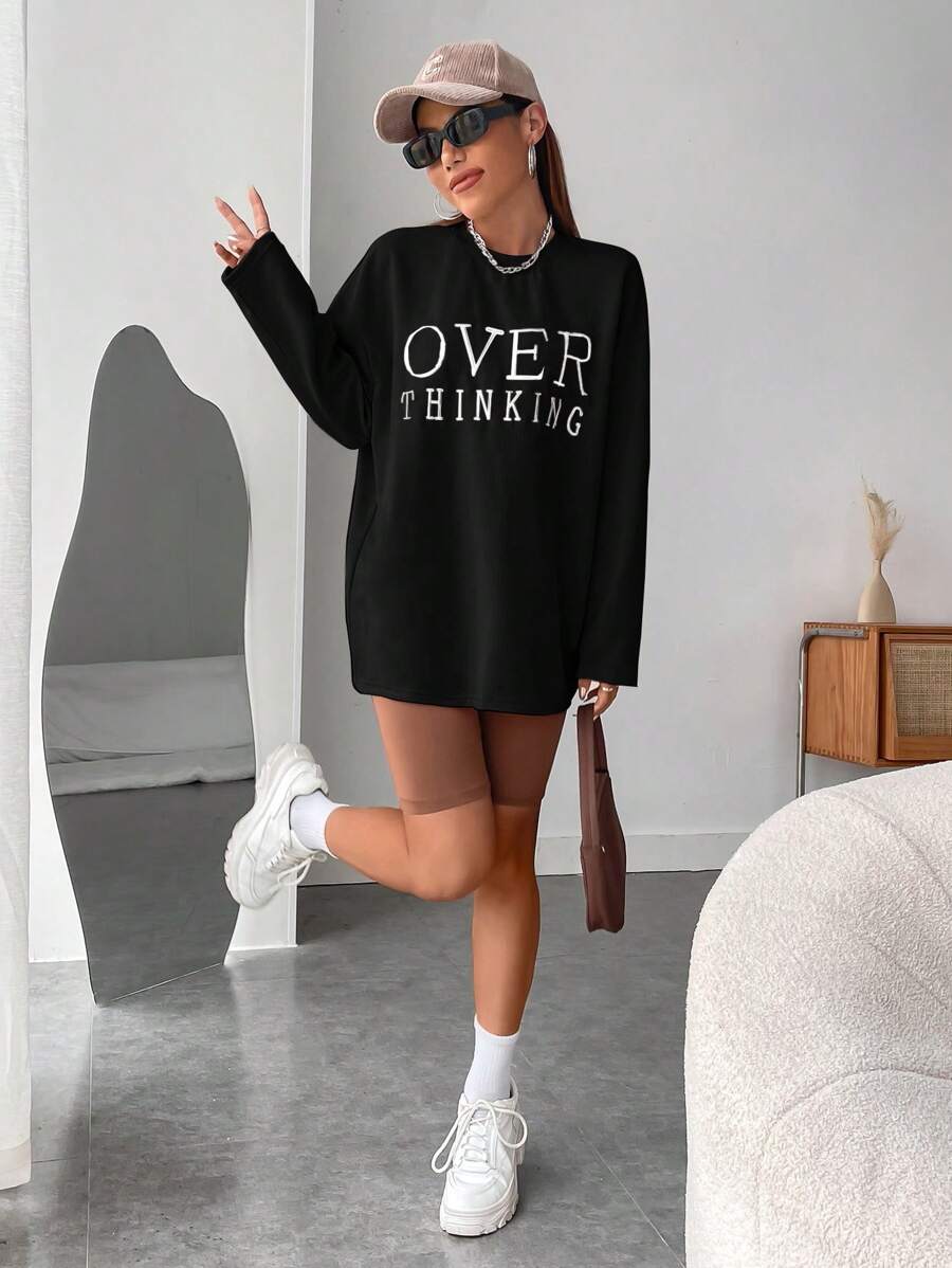 SHEIN EZwear 字母刺繡落肩T恤 - 黑色 - 查看 1