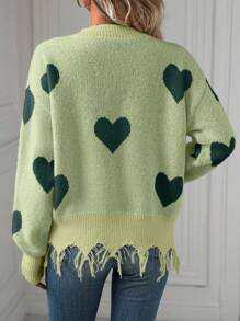 SHEIN LUNE Women's Heart Pattern Distressed Trim Drop Shoulder Sweater, Knit Pullover Fall Winter - Mint Green - View 2