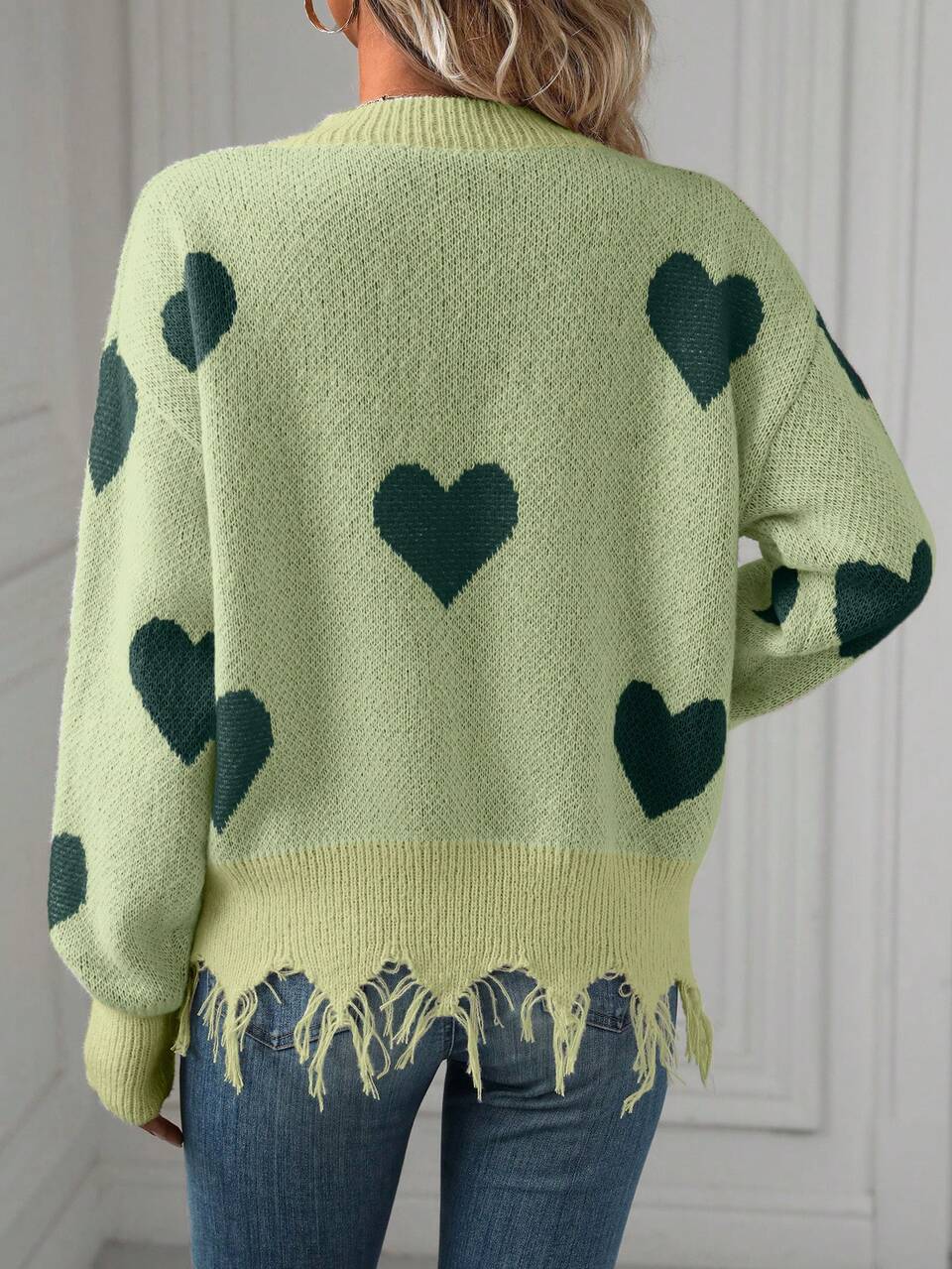 Women's Heart Pattern Distressed Trim Drop Shoulder Sweater, Knit Pullover Fall Winter