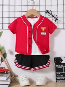 SHEIN Bộ đồ bóng chày hai mảnh họa tiết hoạt hình cổ chữ V nhiều màu cho bé trai và quần short - Đỏ - Xem 14
