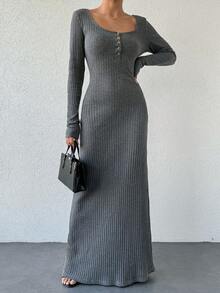 SHEIN Cottnline 鈕扣長袖緊身連衣裙（半衣襟） - 灰色 - 查看 3