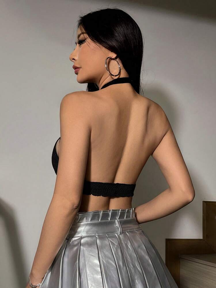 Women's Solid Color Hollow Out Backless Halter Knit Sweater