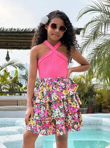 SHEIN 少女日常針織綁頸上衣配印花裙裝,家庭與休閒穿著 - 玫紅色 - 查看 4