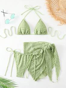 Swim Basics Summer Beach Solid Color Textured Bikini Set With Knot Detail Side + Swim Skirt Music Festival - Dark Green - View 5