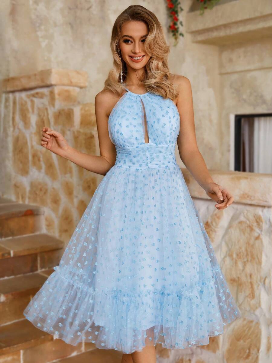 SHEIN Belle Elegant Women's Blue Mesh Sweetheart Halter Backless A-Line Suspender Dress, Graduation Season Day Party Cocktail Dress - Blue - View 1
