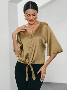 GENKIRA Women Blouses Simpul Ruffle Tombol Depan Plain Casual Anggun - Sampanye - View 4