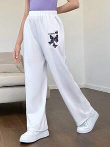SHEIN Tween Girls' Loose Knitted Butterfly Patterned Casual Sweatpants - White - View 6