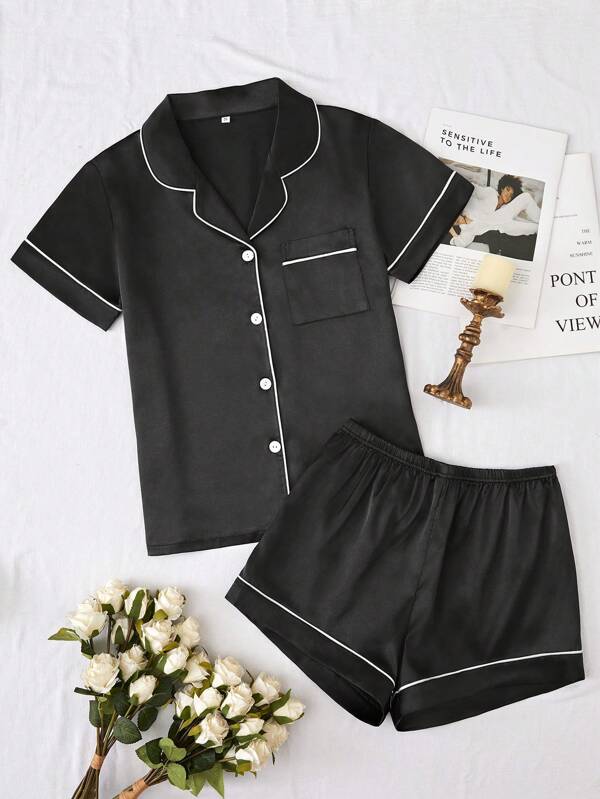 2pcs/Set Imitation Silk Pajamas With Edge Stitching & Turn-Down Collar Design, Vacation