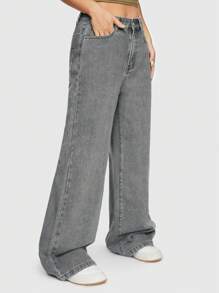 ROMWE Avant Phong cách đường phố Giải trí quần ống rộng Lá thư & Cây nho Thêu Của phụ nữ Denim Quần jean - Xám - Xem 3