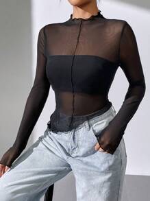 SHEIN Essnce 女士黑色半透明不对称下摆休闲长袖衬衫 - 黑色 - 查看 5