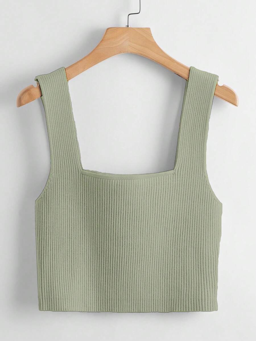 Franclia Solid Color Ribbed Knitted Sleeveless Top - Mint Green - View 1