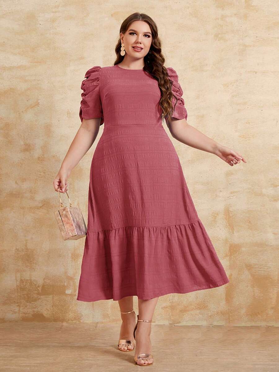 SHEIN Clasi 大碼純色打摺泡泡袖連衣裙 - 西瓜粉 - 查看 1