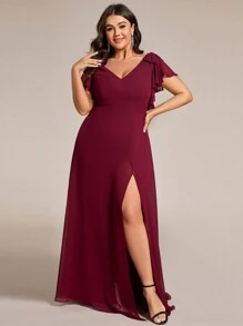 Chiffon Split Thigh Ruffle Trim Bow Shoulder Bridesmaid Dress - Burgundy - View 3