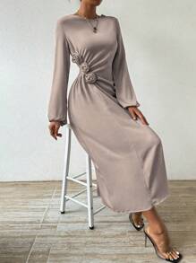 Chiquease Women's Lantern Sleeve Dress With 3d Floral Decoration - Camel - View 6