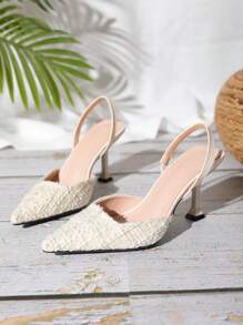 Tacones Altos Beige Con Punta Puntiaguda Y Trenzados Para Mujer - Albaricoque - Ver 5
