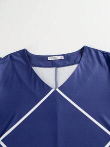 Plus Size V-Neck Ruffle Sleeve Waist Cinched Colorblock Geometric Print Dress Casual Summer Elegant - Blue - View 5