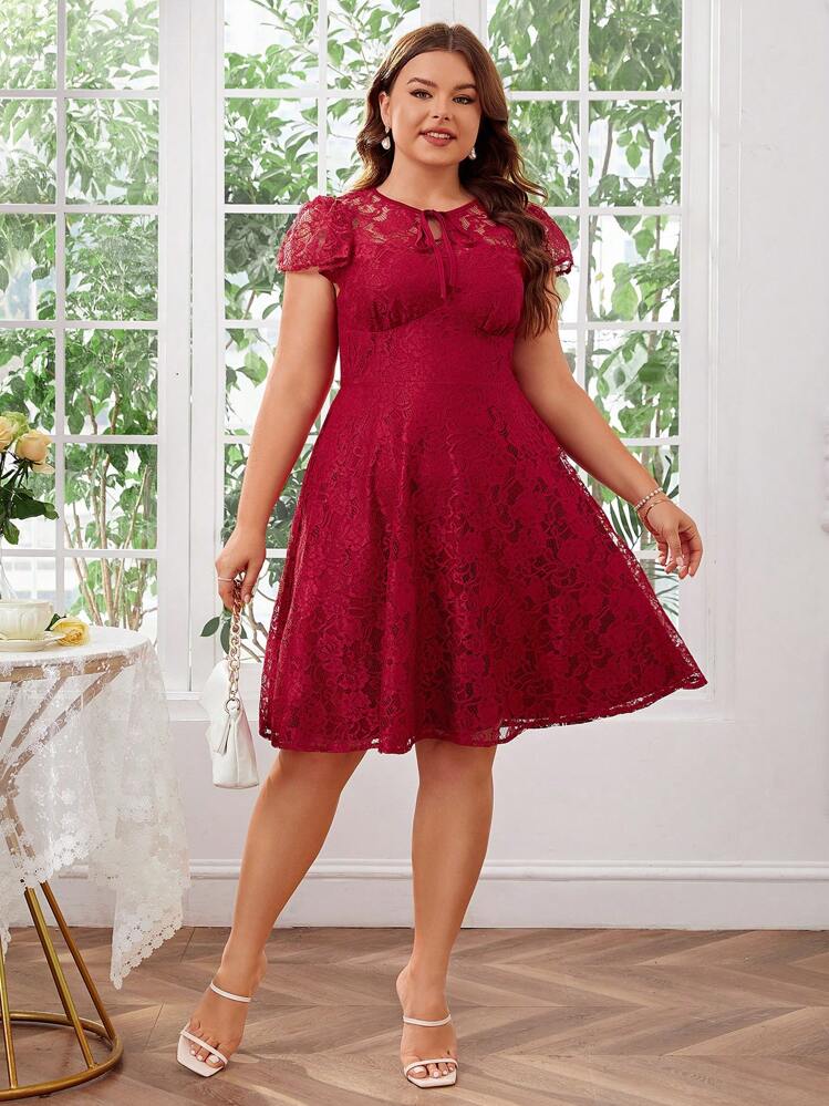 SHEIN Clasi Plus Size Women's Lace Front Tie-Up Red Dress | SHEIN USA